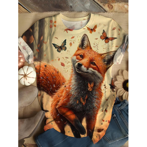 Crew Neck Fall Fox Print Top