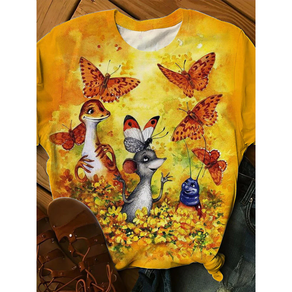 Fall Animal Butterfly Floral Print Crew Neck T-Shirt