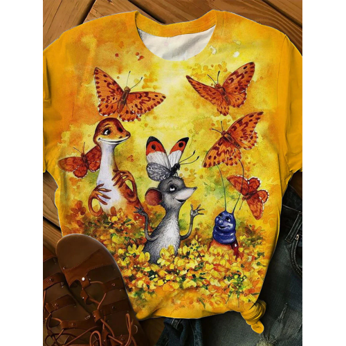 Fall Animal Butterfly Floral Print Crew Neck T-Shirt