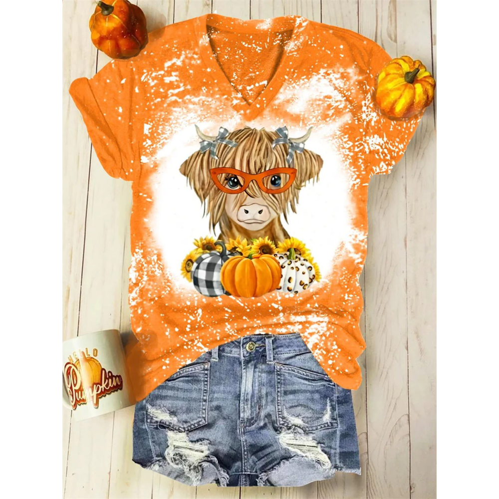 Fall Cow Pumpkin Print V-Neck T-Shirt