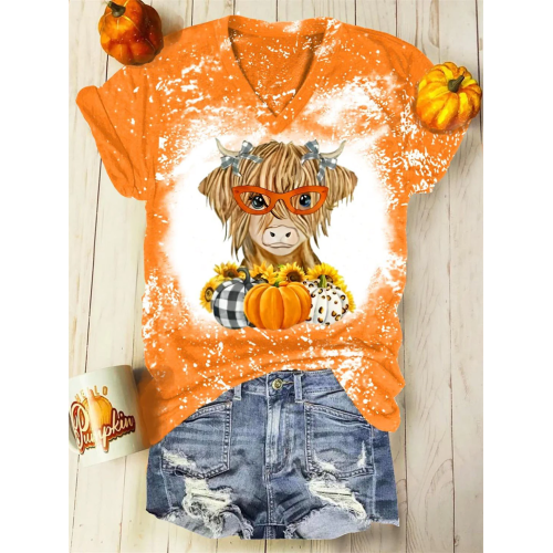 Fall Cow Pumpkin Print V-Neck T-Shirt