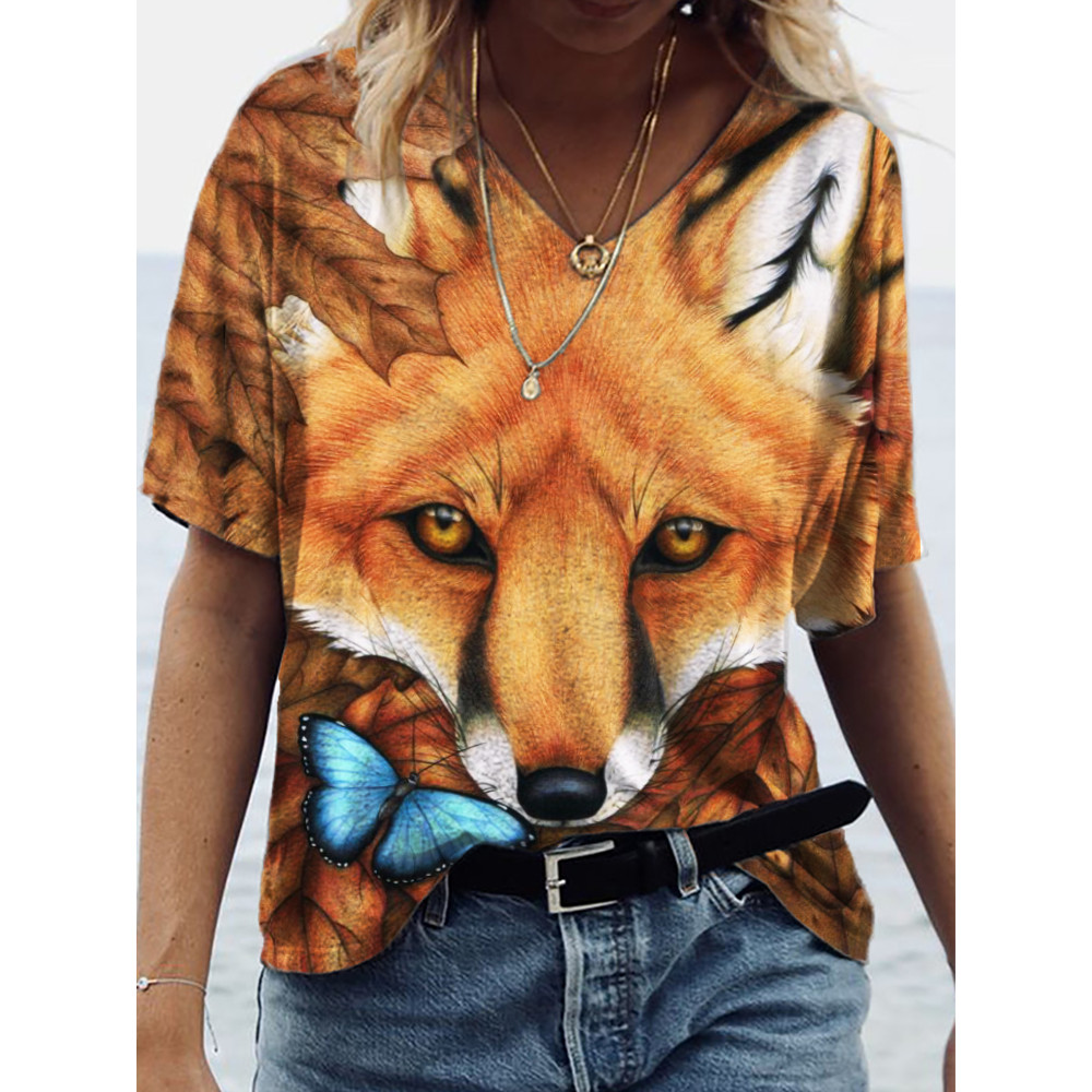 Fall Fallen Leaves Fox Face V Neck T Shirt