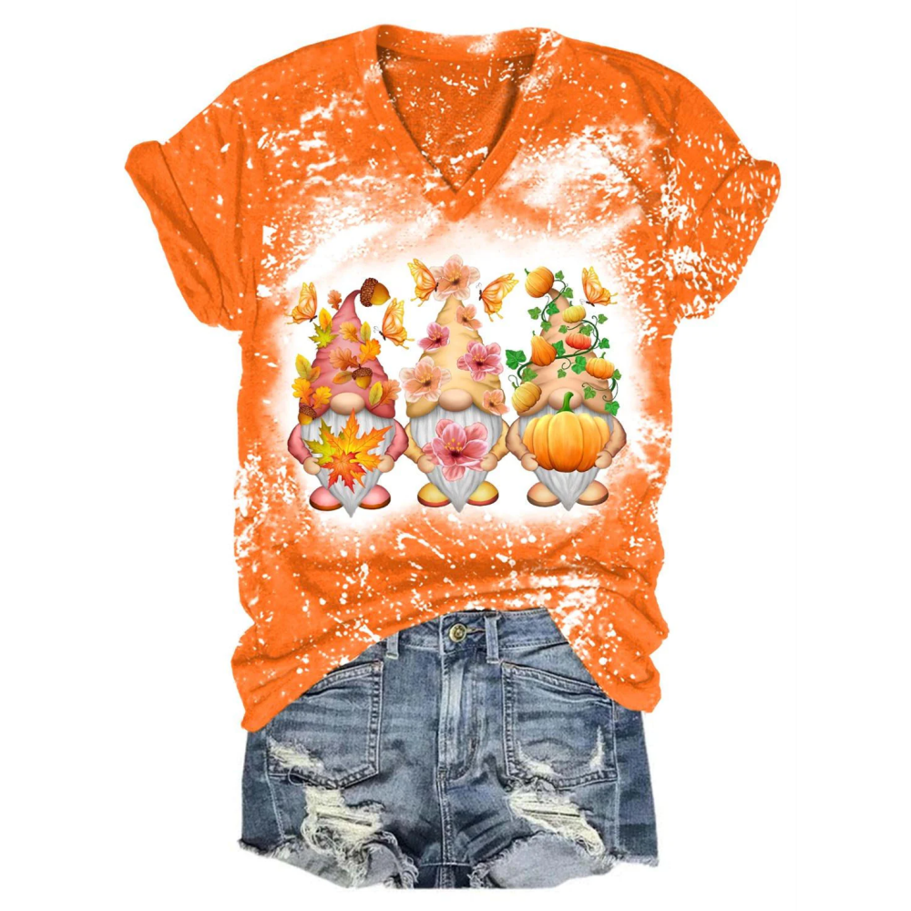 Fall Flower Butterfly Gnomes V-Neck T-Shirt
