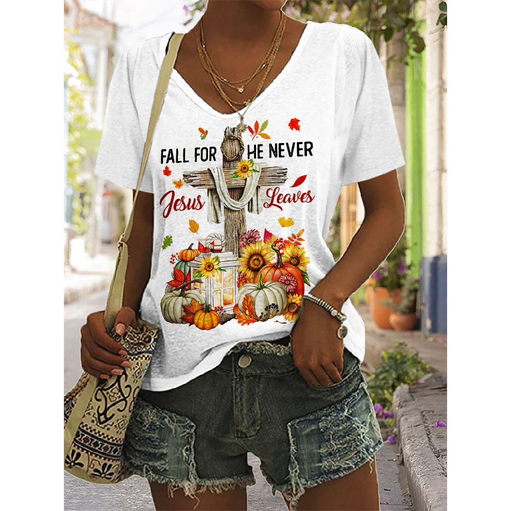 Fall For Jesus He Never Leaves V Neck T Shirt