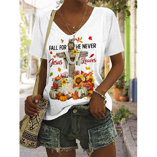 Fall For Jesus He Never Leaves V Neck T Shirt