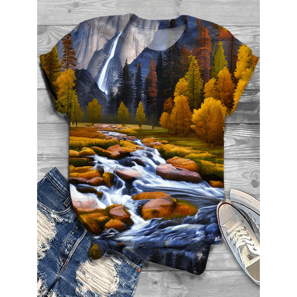 Fall Forest Rriver Mountain Crew Neck T-Shirt