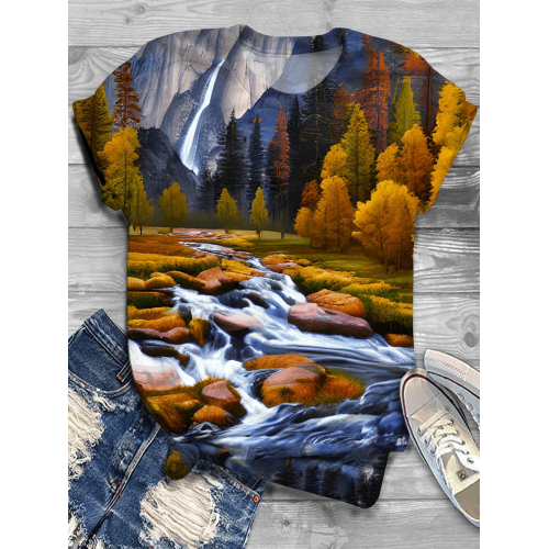 Fall Forest Rriver Mountain Crew Neck T-Shirt