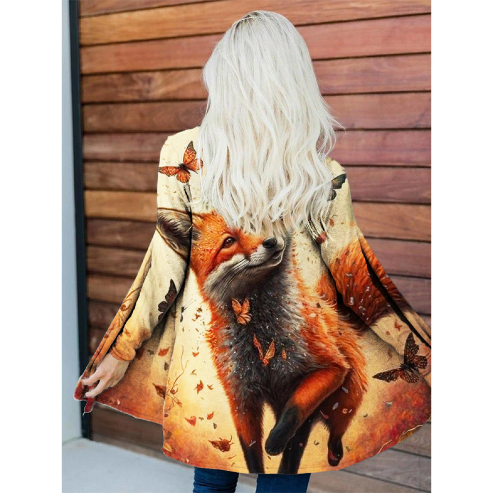 Fall Fox And Butterflies Art Long Sleeve Flowy Cardigan