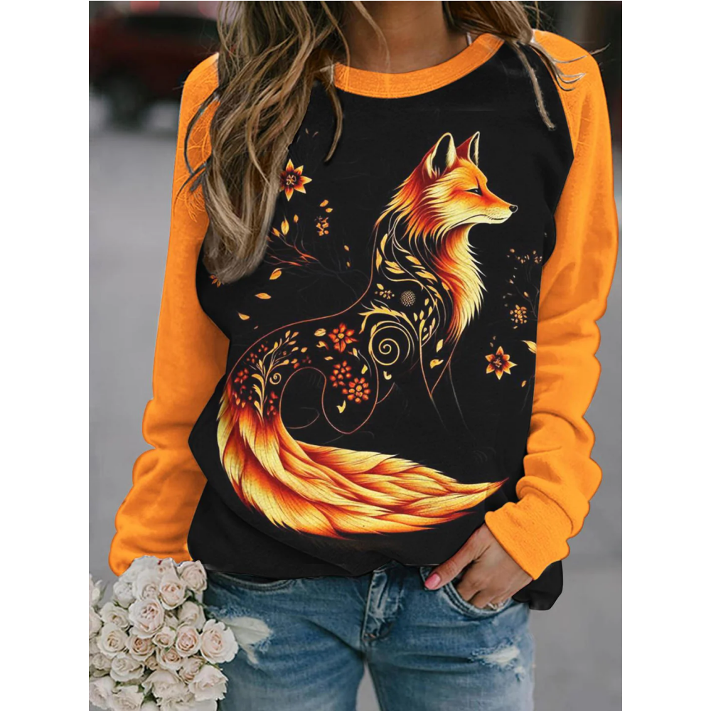 Fall Fox Printed Crew Neck Top