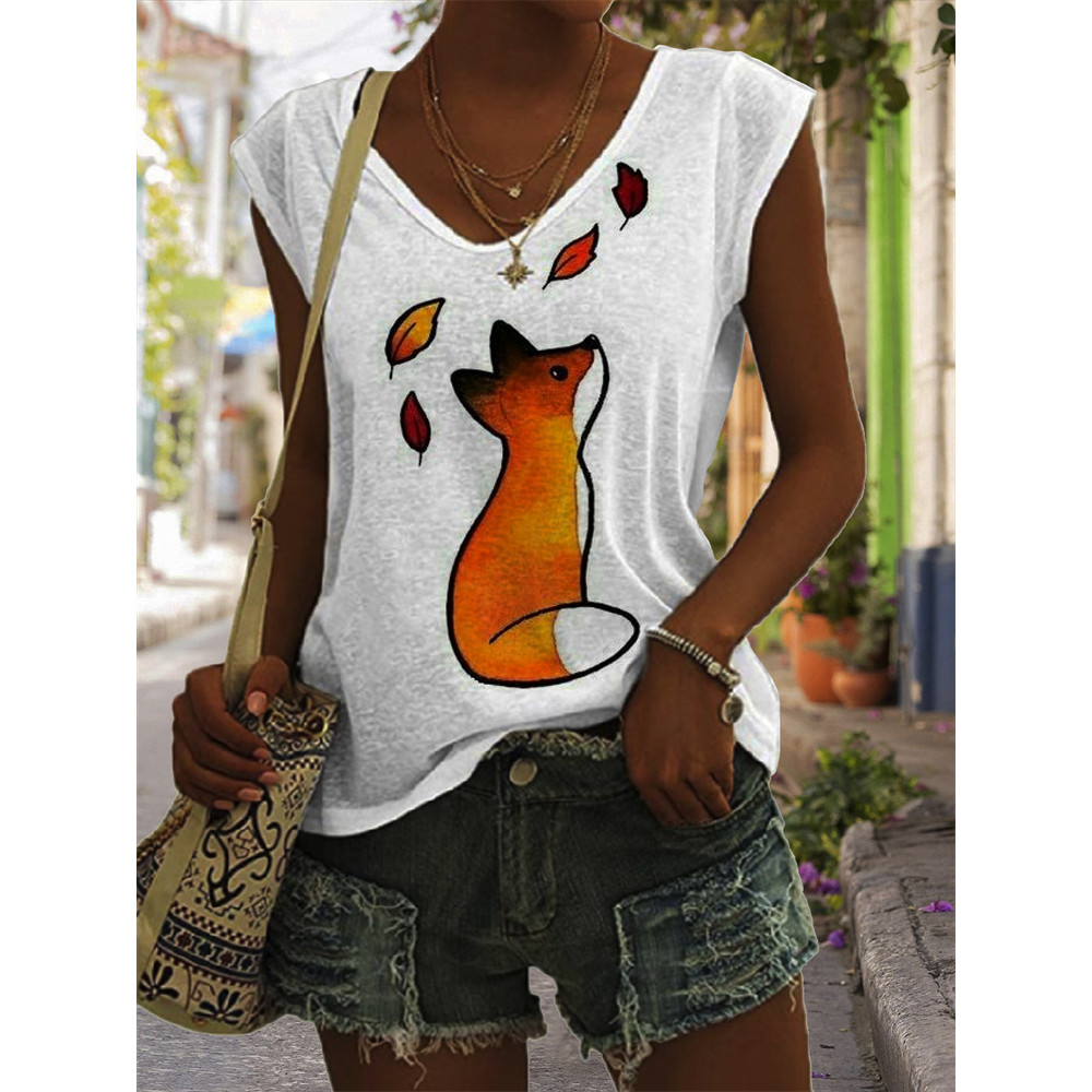 Fall Fox and Maple Leaf Art V-Neck Tank Top