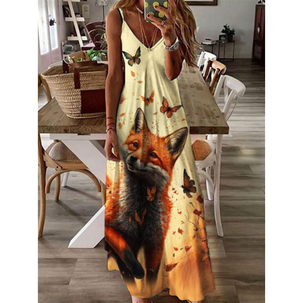 Fall Fox with Butterflies Art Cami Maxi Dress