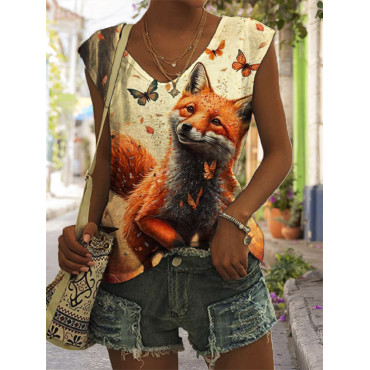 Fall Fox with Butterflies Art V Neck Tank Top