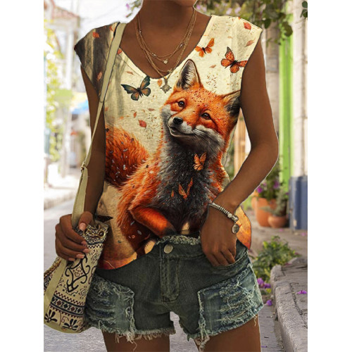 Fall Fox with Butterflies Art V Neck Tank Top