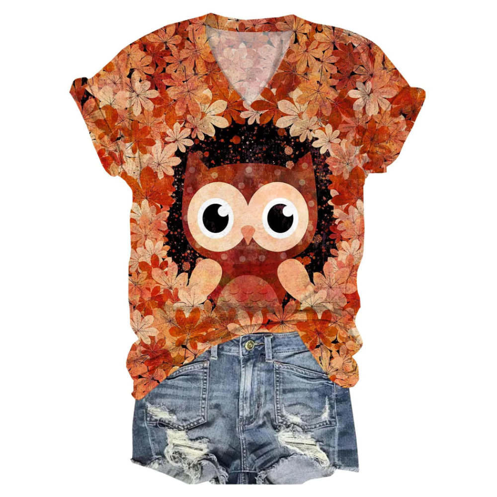Fall Leaf Owl V-Neck T-Shirt