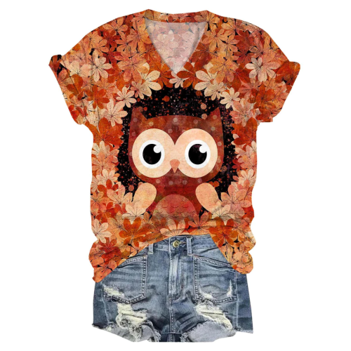 Fall Leaf Owl V-Neck T-Shirt