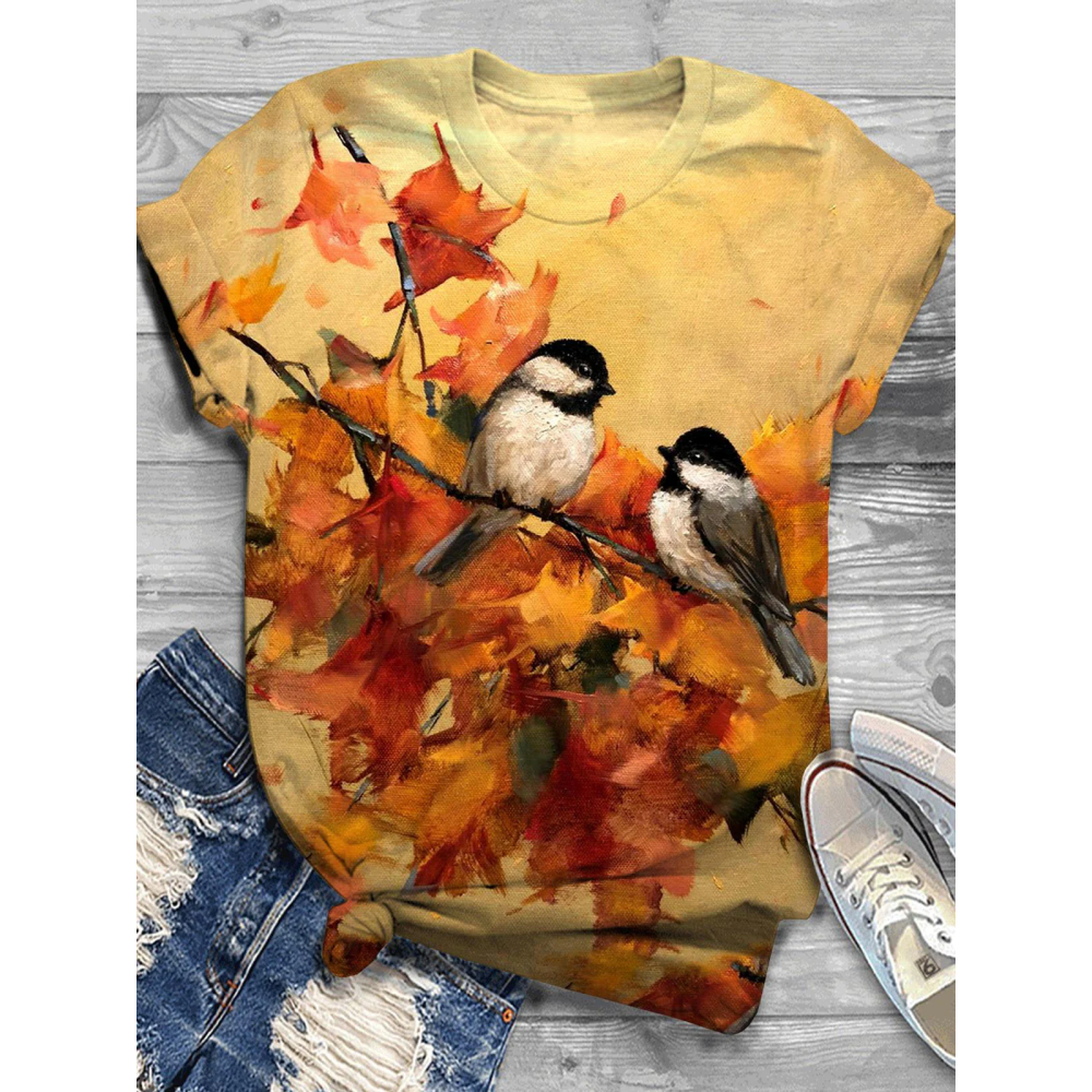 Fall Maple Leaf Bird Crew Neck T-Shirt
