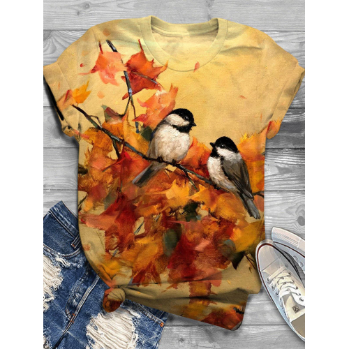 Fall Maple Leaf Bird Crew Neck T-Shirt