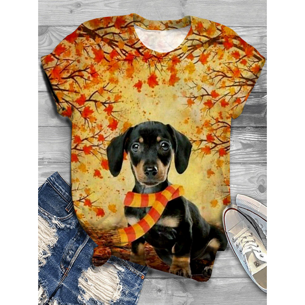 Fall Maple Leaf Dachshund Print Crew Neck T-Shirt