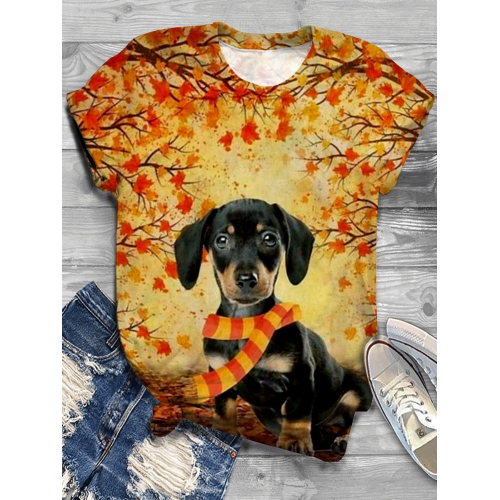 Fall Maple Leaf Dachshund Print Crew Neck T-Shirt
