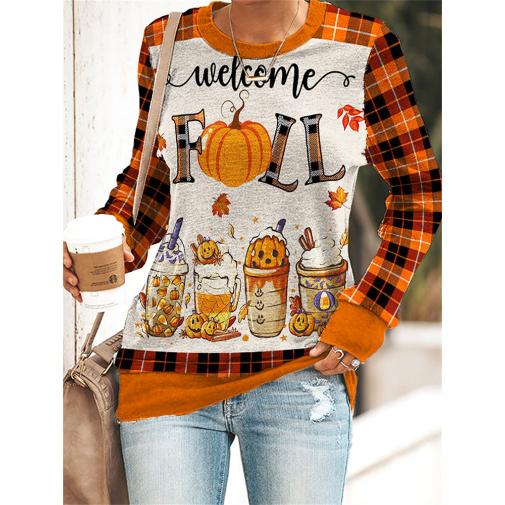 Fall Pumpkin Drinks Plaid Patchwork Sweatshirt