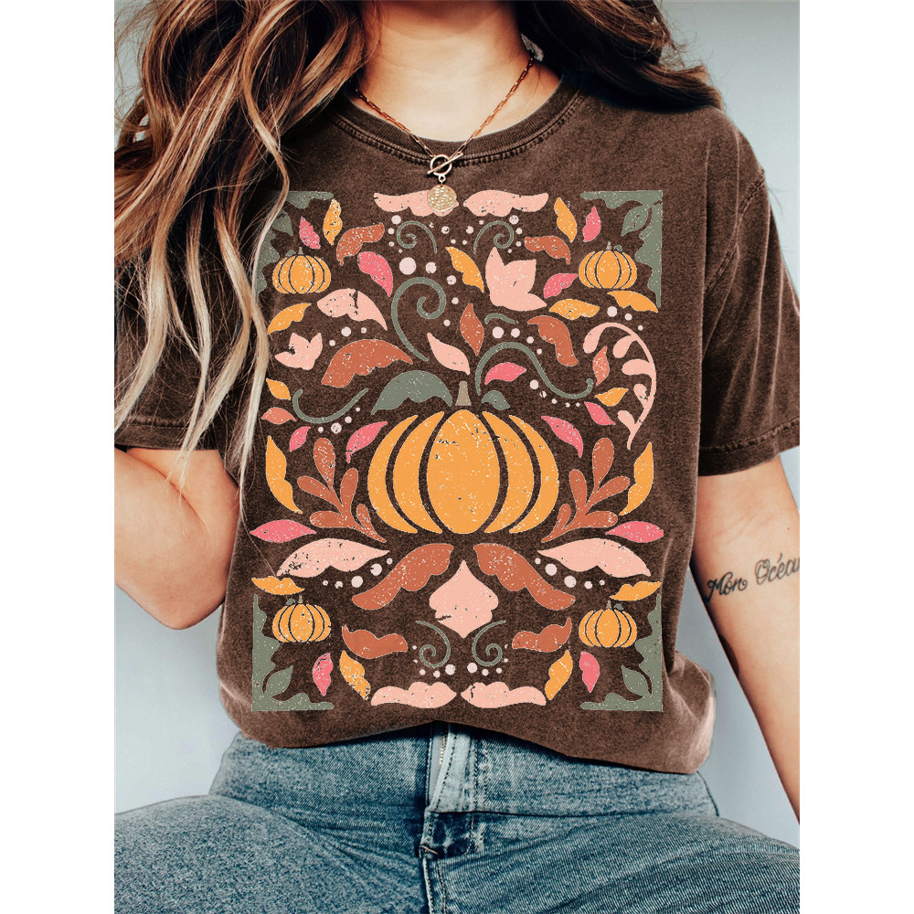 Fall Pumpkin Floral Art Vintage Washed T Shirt