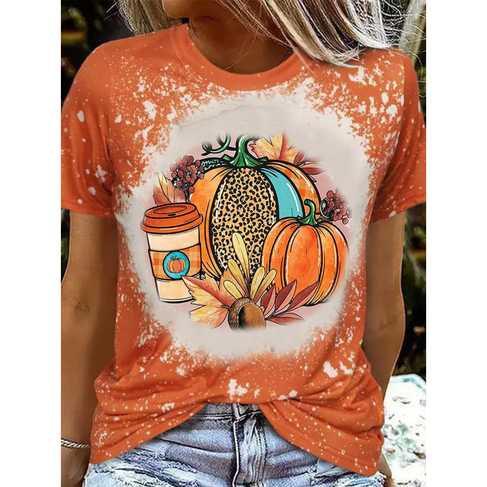 Fall Pumpkin Tie Dye Print Crew Neck T-Shirt