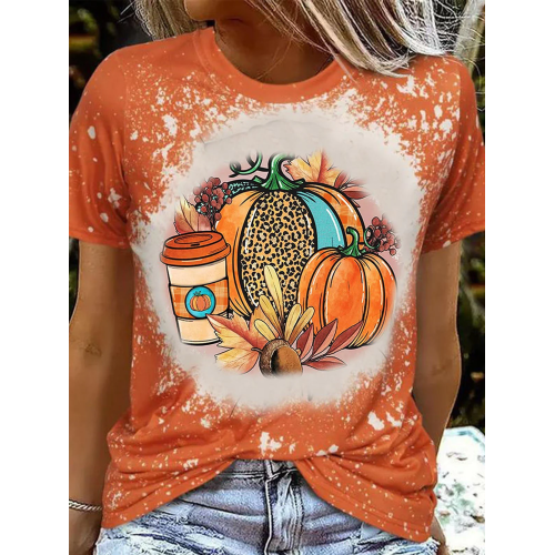 Fall Pumpkin Tie Dye Print Crew Neck T-Shirt