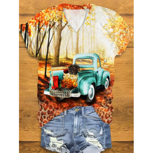 Fall Pumpkin Truck Print T-Shirt
