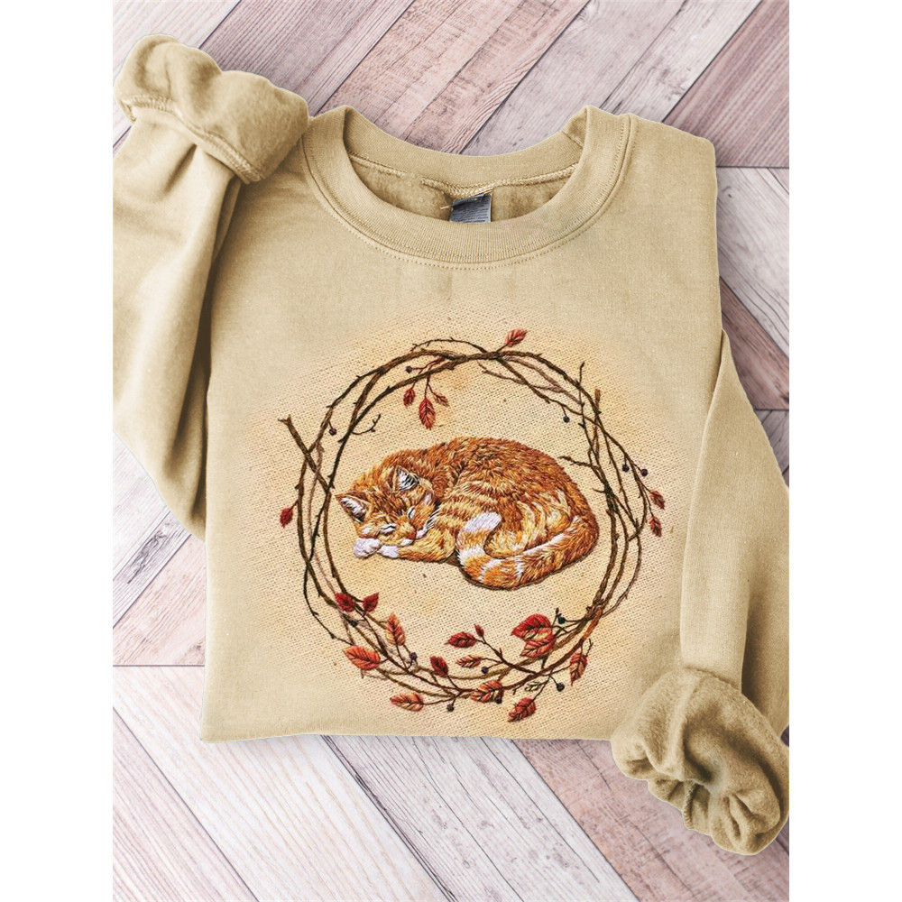 Fall Sleeping Cat Embroidery Art Comfy Sweatshirt