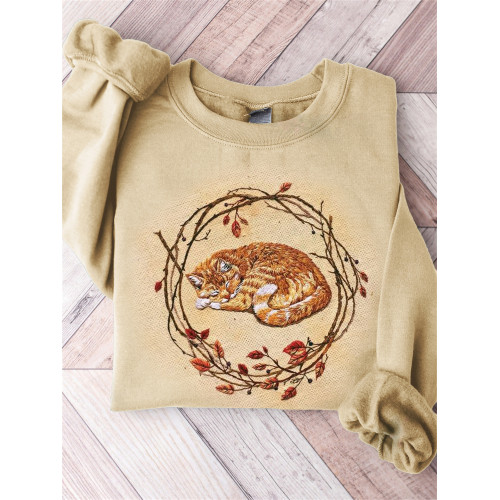 Fall Sleeping Cat Embroidery Art Comfy Sweatshirt
