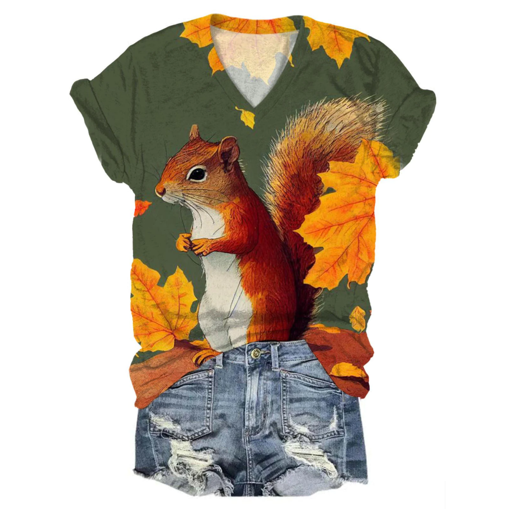Fall Squirrel Print Casual Tops