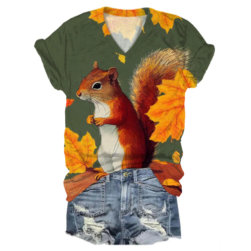 Fall Squirrel Print Casual Tops