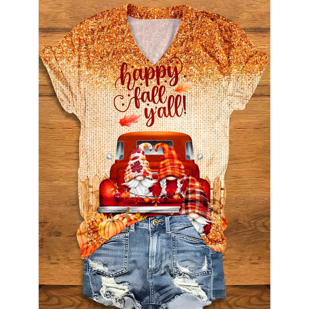 Fall Truck Gnome Print V-Neck T-Shirt