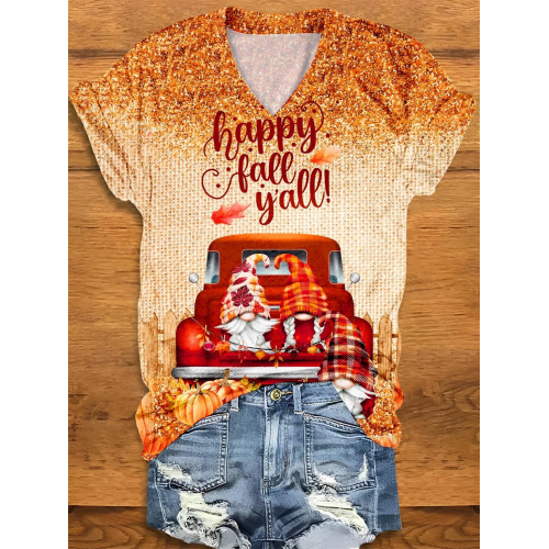 Fall Truck Gnome Print V-Neck T-Shirt