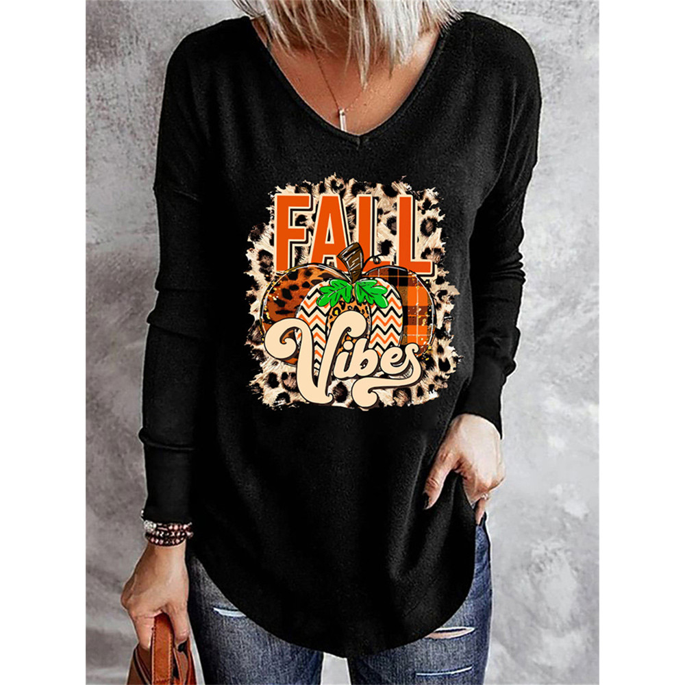 Fall Vibe Pumpkin Leopard Graphic Long Sleeve Top