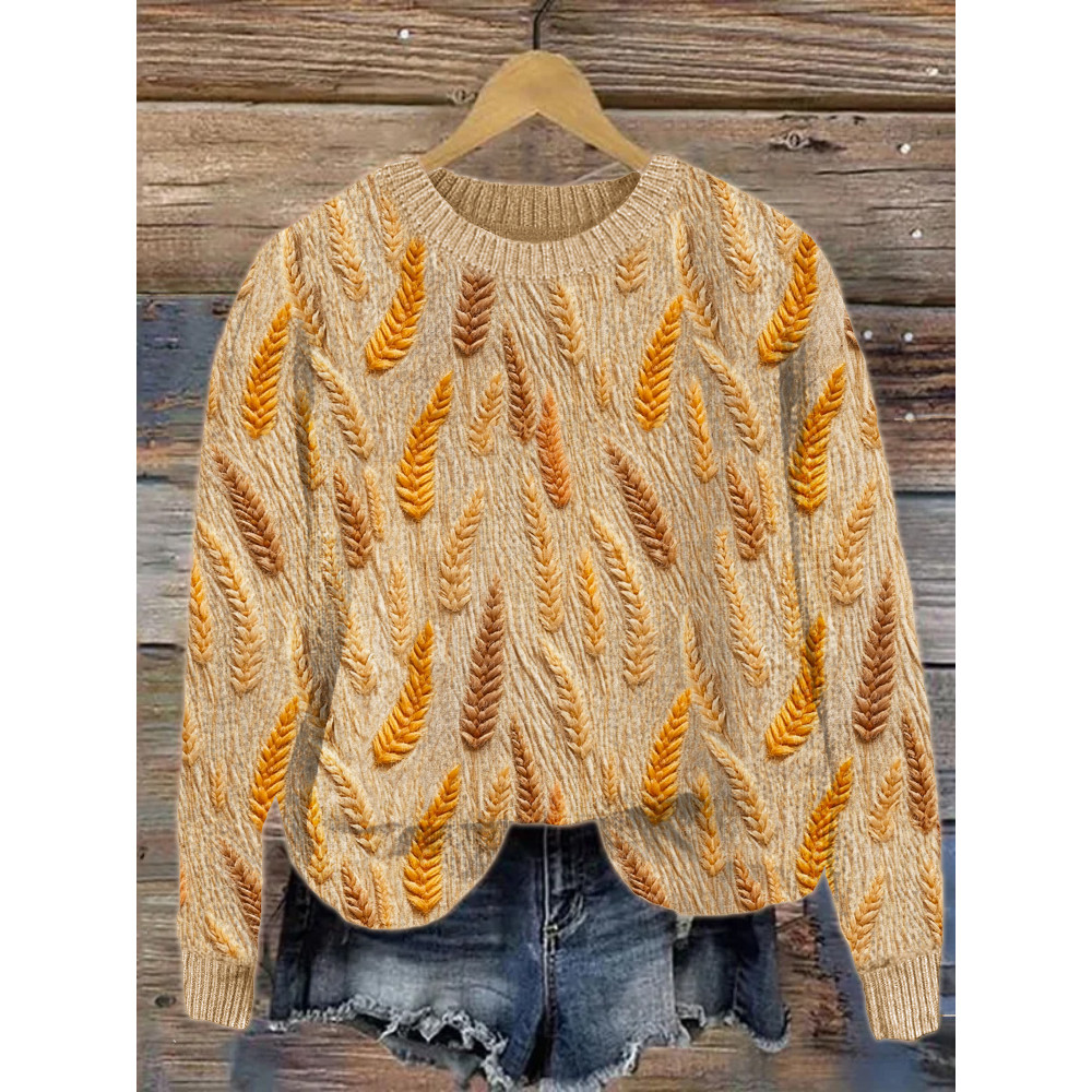 Fall Wheat Jacquard Pattern Cozy Knit Sweater