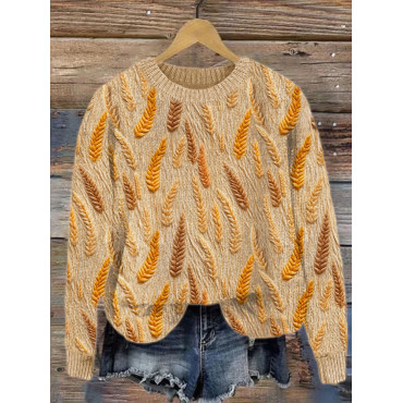 Fall Wheat Jacquard Pattern Cozy Knit Sweater