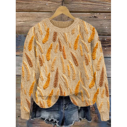 Fall Wheat Jacquard Pattern Cozy Knit Sweater