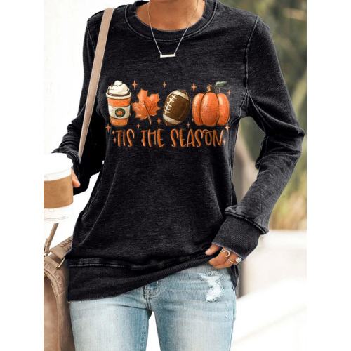 Football Tis The Season Pumpkin Maple Leaf Print Sweatshirt