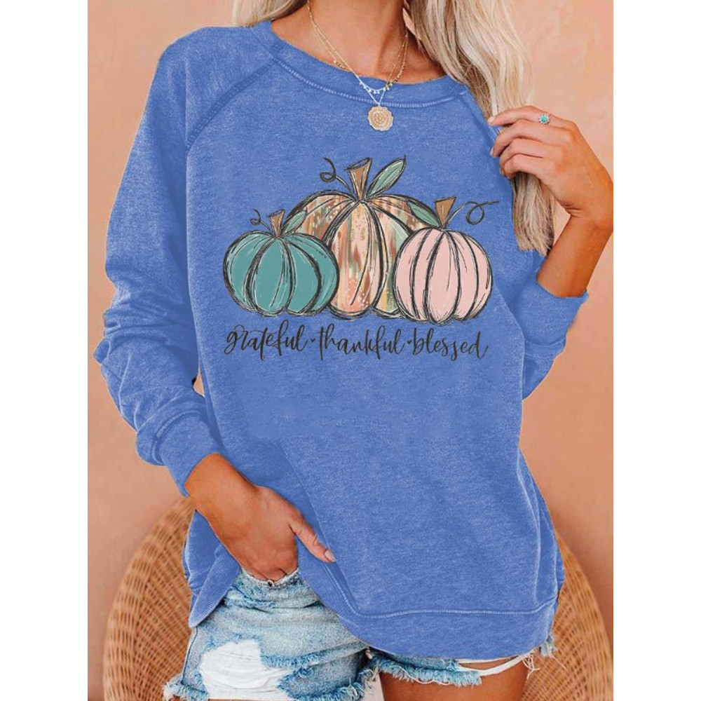 Grateful Thankful Blessed Print Casual Sweatshirt