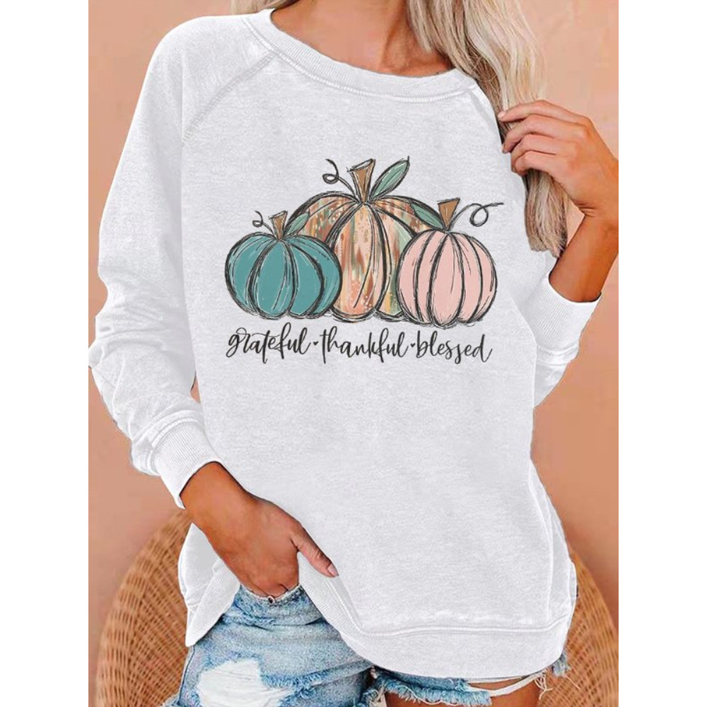 Grateful Thankful Blessed Print Casual Sweatshirt