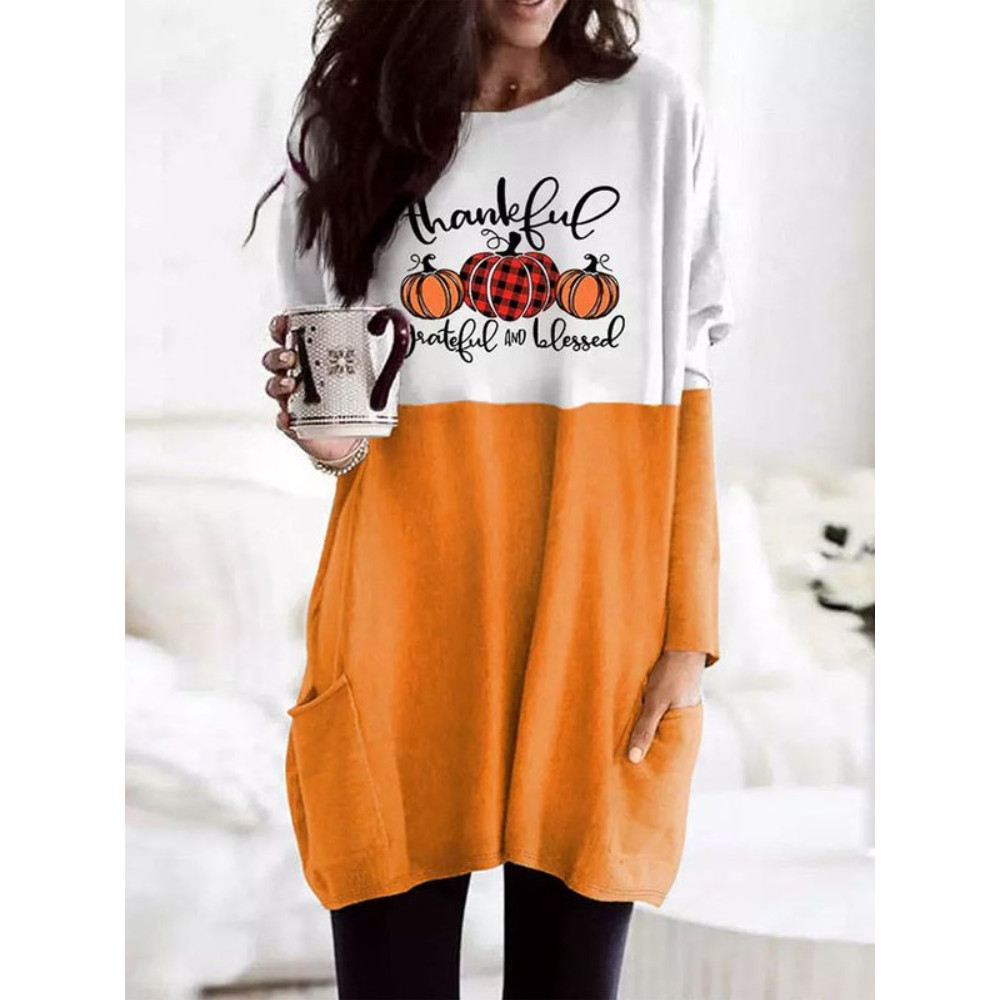 Halloween Pumpkin Print Colorblock Pocket Tunic