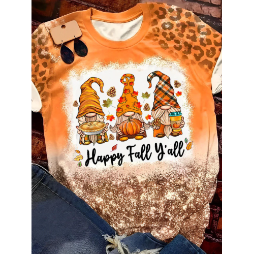 Happy Fall Y'all Gnomes Leopard Print T-Shirt