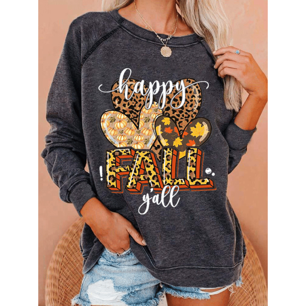 Happy Fall Y'all Print Casual Crewneck Sweatshirt