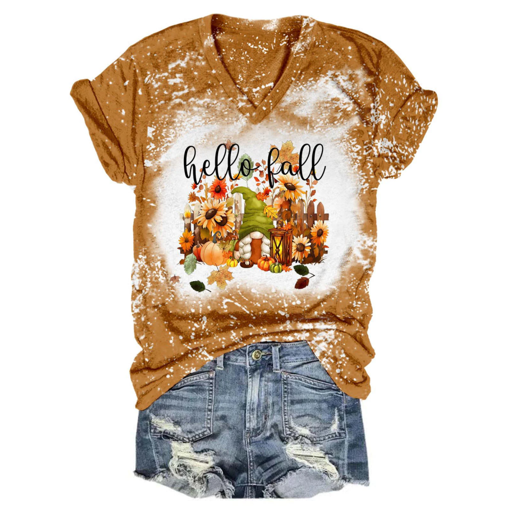 Hello Fall Gnome Tie Dye V Neck T-Shirt