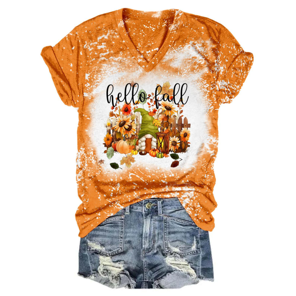 Hello Fall Gnome Tie Dye V Neck T-Shirt