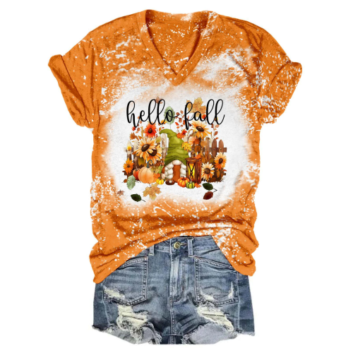 Hello Fall Gnome Tie Dye V Neck T-Shirt