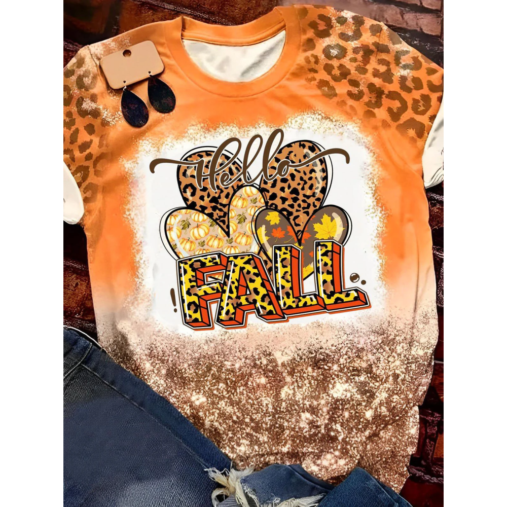 Hello Fall Heart Print Crew Neck T-Shirt