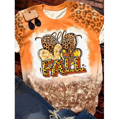 Hello Fall Heart Print Crew Neck T-Shirt