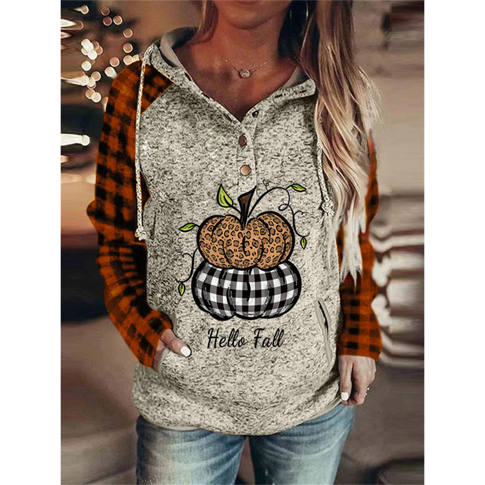 Hello Fall Pumpkins Plaid Patchwork Hoodie